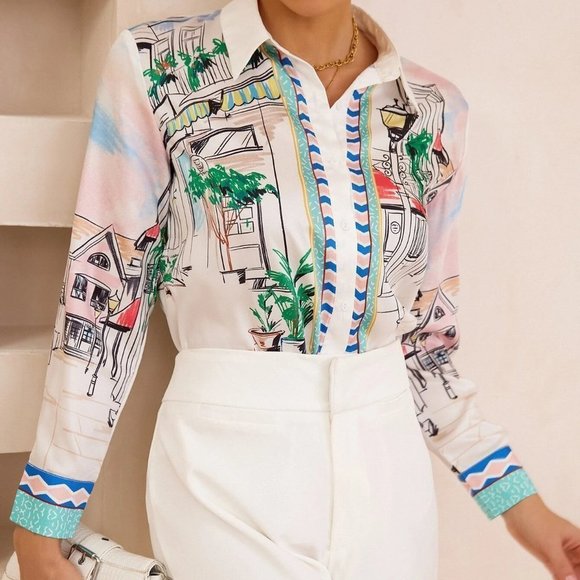 White Boho Womens Street View Print Button Up Shirt - Picture 3 of 5